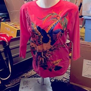 SHIRT- PULLOVER decoration in sequins&painted PARROT Scene(SomeDiscoloration)